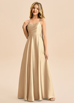 Azazie Rumi Junior Abito A-Line in Raso Elasticizzato Plissettato Champagne image3