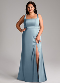 Azazie Frostine Bridesmaid Dresses Dusty Blue A-Line Bow Stretch Satin Dress image14