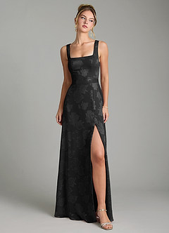 Azazie Cheyenne Bridesmaid Dresses Black A-Line Pleated Floral Jacquard Burnout Dress image1