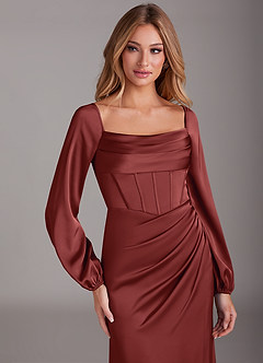 Azazie Charissa Bridesmaid Dresses Terracotta Sheath Long Sleeve Stretch Satin Dress image7