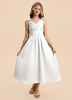 Azazie Polly Junior Ivory A-Line Pleated Stretch Satin Dress image1