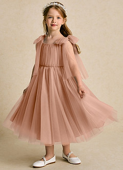 Azazie Dori Flower Girl Dresses Champagne Rose A-Line Ruched Tulle Dress image5