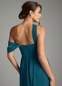 Azazie Kassandra Vestidos de madrinha de casamento Vestido Tinta Azul de Chiffon de Linha A com Fora do ombro image7