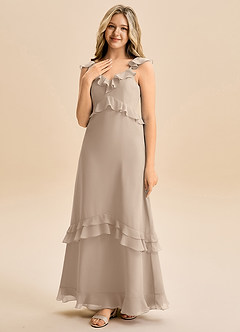 Azazie Tavie Junior Vestido de Gris Pardo de Gasa de Corte en A con Volante image3