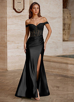 Wrentino Black Embroidered Appliqué Satin Prom Dress image3
