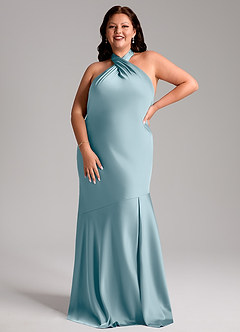 Azazie Lorena Bridesmaid Dresses Moody Blue Mermaid Pleated Stretch Satin Dress image7