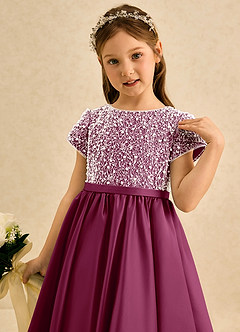Azazie Cashew Blumenmädchenkleider Ballkleid mit ärmel Matte Satin Kleid Maulbeerrot image6