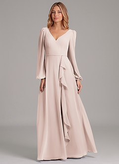 Azazie Simone Vestidos de damas de honor Vestido de Pétalo De Rosa de Gasa de Corte en A con Manga larga image5