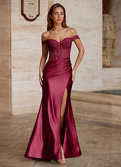 Wrentino Burgundy Embroidered Appliqué Satin Prom Dress image3