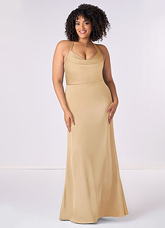 Barbie ♥ Azazie Brautjungfernkleider Meerjungfrau-Linie Plissee Stretch-Satin Kleid Gold image6