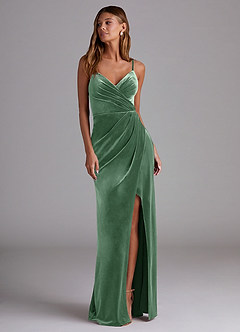 Azazie Maci Bridesmaid Dresses Eucalyptus Sheath Pleated Velvet Dress image4