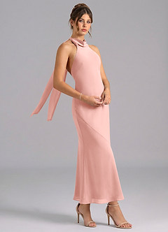 Azazie Velli Brautjungfernkleider Meerjungfrau-Linie Hoher Kragen Chiffon Kleid Rosettenrosa image3