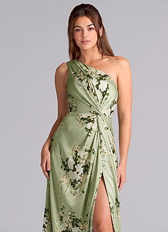 Azazie Brooke Vestidos de damas de honor Vestido de Enredaderas Florales de Satén Elástico de Corte en A con Hombro unilateral image2