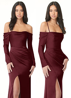 Azazie Hallie Bridesmaid Dresses Cabernet Sheath Off-The-Shoulder Long Sleeve Stretch Satin Convertible Dress image9
