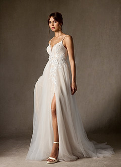 Azazie Nikita Wedding Dresses Diamond White Champagne A-Line Sequins Tulle Dress image3