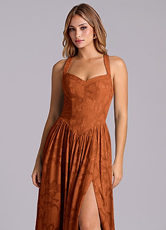 Azazie Francis Robes de demoiselle d'honneur Robe Trapèze en Blumen-Burnout Corset Orange Brûlée image7