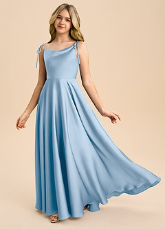 Azazie Popsy Junior Taupe A-Line Bow Stretch Satin Dress image1