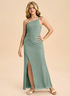 Azazie Eren Junior Silver Sage Sheath Pleated Chiffon Dress image2