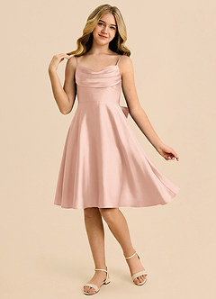 Azazie Bear Junior Robe Trapèze en Satin extensible Encolure en Forme de Cœur Or Rose image3