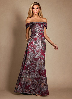Azazie Marceline Mère de la mariée Robes Robe Trapèze en Jacquard Épaule décolletée Merlot Floral image1