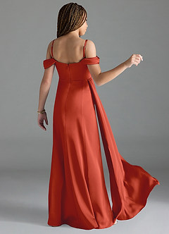 Azazie Amyra Junior Rust Sheath Off the Shoulder Stretch Satin Dress image2