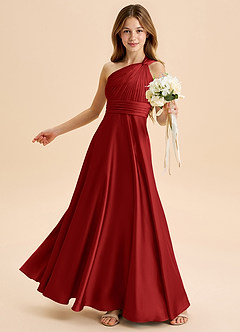 Azazie Charlize Junior Pomegranate A-Line Pleated Stretch Satin Dress image4