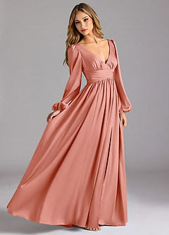 Azazie Norah Bridesmaid Dresses Coral A-Line Stretch Satin Dress image3