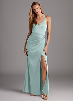 Azazie Shania Vestidos de damas de honor Vestido de Vidrio Marino de Satén Elástico de Corte Recto con Cuello en V Plisado image1