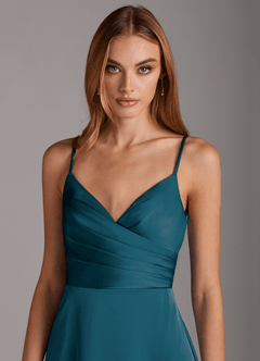 Azazie Calissa Final Sale Ink Blue A-Line V-Neck Pleated Stretch Satin Dress image5