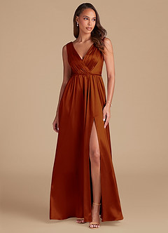 Azazie Tanicia Bridesmaid Dresses Auburn A-Line Pleated Metallic Satin Dress image1
