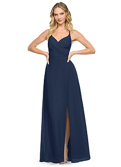 Azazie Davis Robes de demoiselle d'honneur Robe Trapèze en Mousseline de soie Col en V Bleu Marine Foncé image2