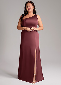 Azazie Phaedra Vestidos de damas de honor Vestido de Merlot de Satén Elástico de Corte en A con Hombro unilateral image6
