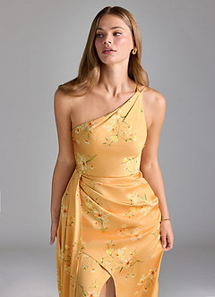 Azazie Maron Bridesmaid Dresses Golden Blooms A-Line One Shoulder Stretch Satin Dress image6