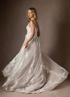 Azazie Delaina Wedding Dresses Diamond White Caramel A-Line V-Neck Sequins Tulle Dress image10