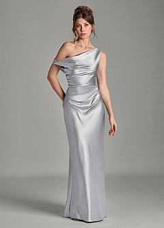 Azazie Emerson Bridesmaid Dresses Silver Mermaid Off the Shoulder Metallic Satin Dress image1