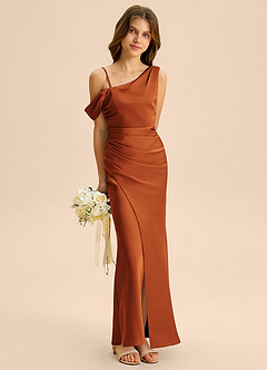 Azazie Madelyn Junior Osłona Zza ramienia Satyna elastyczna Długość podłogi Młodsza druhna Sukienka image4