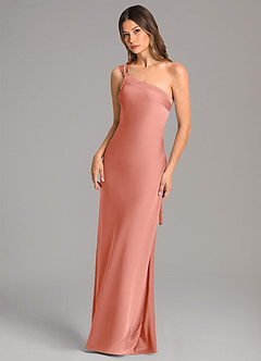 Azazie Monroe Bridesmaid Dresses Coral Mermaid One Shoulder Stretch Satin Dress image3