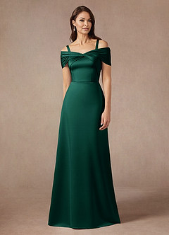 Azazie Amelia Mother of the Bride Dresses Emerald A-Line Off the Shoulder Stretch Satin Dress image5