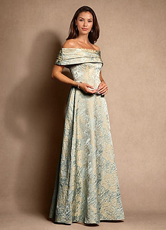 Azazie New Britain Essayer des robes à la maison Robe Trapèze en Jacquard Plissée Bleu Vintage image5