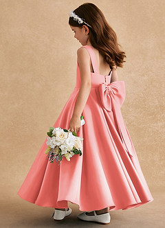 Azazie Honey Bear Flower Girl Dresses Coral A-Line Pleated Matte Satin Dress image4
