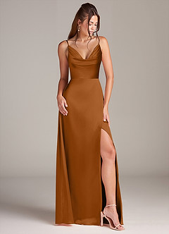 Azazie Sarella Bridesmaid Dresses Copper A-Line with Pockets Metallic Satin Dress image3