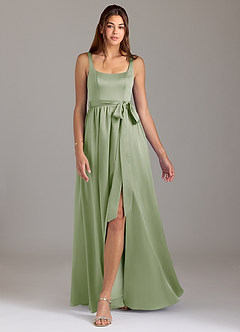 Azazie Elliott Robes de demoiselle d'honneur Robe Trapèze en Satin extensible avec poches Vert Sauge image5