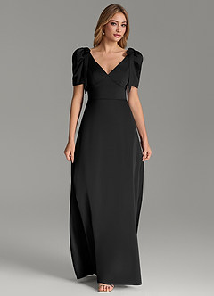 Azazie Asher Bridesmaid Dresses Black A-Line with Pockets Stretch Satin Dress image3