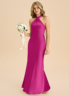 Azazie Chickie Junior Vestido de Fucsia de Satén Elástico de Corte Recto con Plisado image4