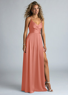 Azazie Davis Bridesmaid Dresses Salmon Pink A-Line Pleated Stretch Satin Dress image5
