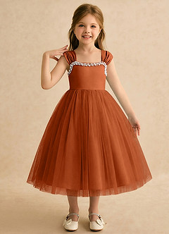 Azazie Yosemite Robe Demoiselle D'honneur Fillette Robe Princesse en Tulle Encolure en Forme de Cœur Orange Brûlée image1