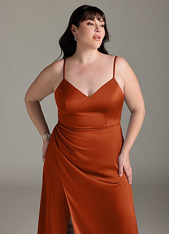 Azazie Marchella Vestidos de damas de honor Vestido de Naranja Quemada de Satén Elástico de Corte en A con Corsé image11