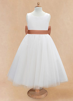 Azazie Kavi Flower Girl Dresses Ivory Bronzer A-Line Bow Matte Satin Dress image7