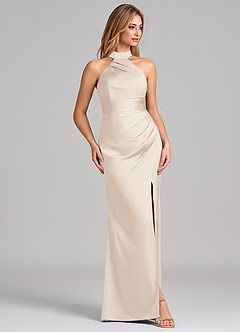 Azazie Karlotta 신부 들러리 드레스 쉬스 주름진 스트레치 새틴 바닥 길이 드레스 image5