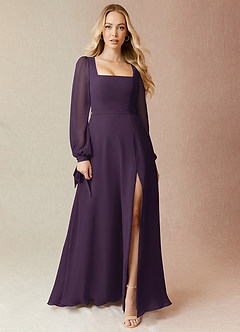 Azazie Leonia Bridesmaid Dresses Plum A-Line Long Sleeve Chiffon Dress image3